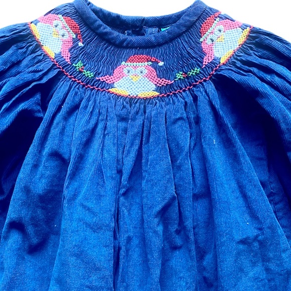 Blue Soft Corduroy Christmas Holly Penguin Santa Smock Dress 9 Month - Picture 2 of 11